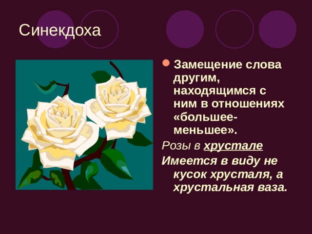 Синекдоха Замещение слова другим, находящимся с ним в отношениях «большее-меньшее». Розы в хрустале Имеется в виду не кусок хрусталя, а хрустальная ваза.