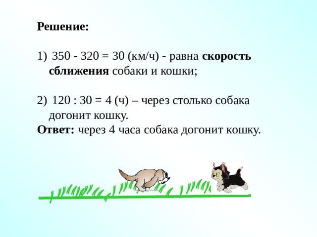 Решение:   350 - 320 = 30 (км/ч) - равна скорость сближения собаки и кошки;  120 : 30 = 4 (ч) – через столько собака догонит кошку. Ответ: через 4 часа собака догонит кошку. 