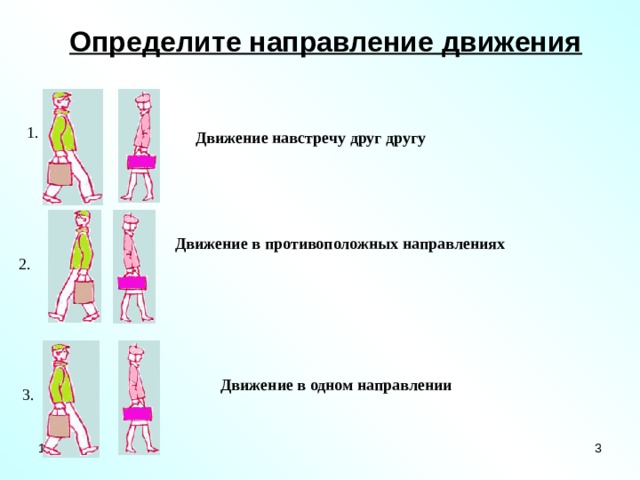 Определите направление движения 1. Движение навстречу друг другу Движение в противоположных направлениях 2. Движение в одном направлении 3. 11/10/19  