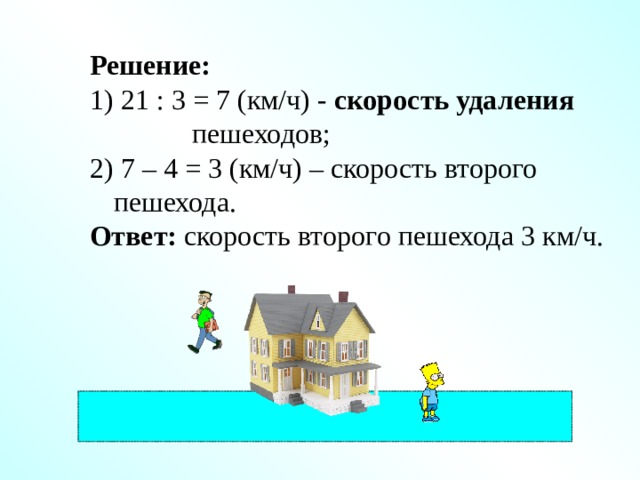 Решение:  21 : 3 = 7 (км/ч) - скорость удаления пешеходов;  7 – 4 = 3 (км/ч) – скорость второго пешехода. Ответ: скорость второго пешехода 3 км/ч. 