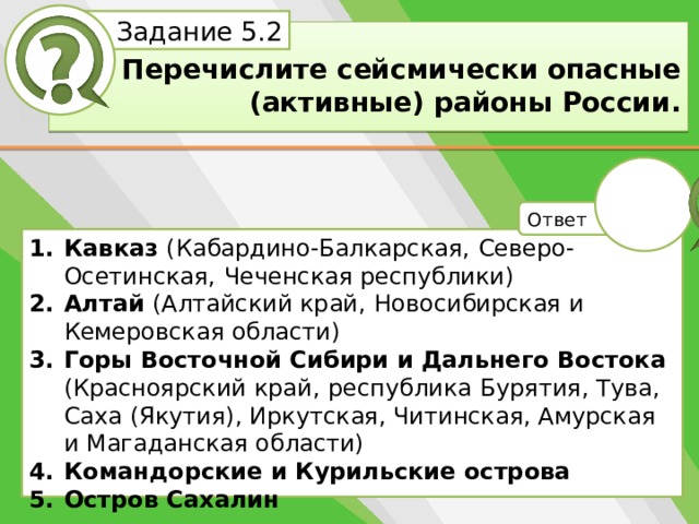 Белик Дарья Задание 5.2 Перечислите сейсмически опасные (активные) районы России. Ответ Кавказ (Кабардино-Балкарская, Северо-Осетинская, Чеченская республики) Алтай (Алтайский край, Новосибирская и Кемеровская области) Горы Восточной Сибири и Дальнего Востока (Красноярский край, республика Бурятия, Тува, Саха (Якутия), Иркутская, Читинская, Амурская и Магаданская области) Командорские и Курильские острова Остров Сахалин