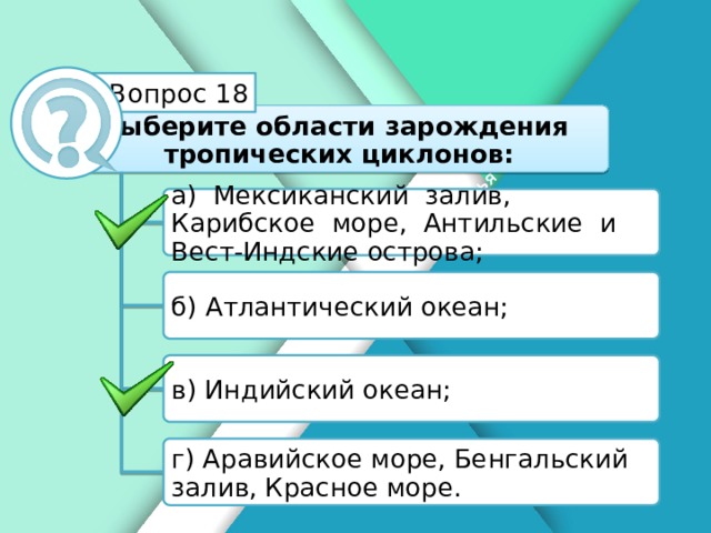 Белик Дарья Вопрос 18 Выберите области зарождения тропических циклонов: а) Мексиканский залив, Карибское море, Антильские и Вест-Индские острова; б) Атлантический океан; в) Индийский океан; г) Аравийское море, Бенгальский залив, Красное море. 