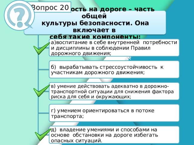 Белик Дарья Вопрос 20 Безопасность на дороге – часть общей культуры безопасности. Она включает в себя такие компоненты: а)воспитание в себе внутренней потребности и дисциплины в соблюдении Правил дорожного движения; б) вырабатывать стрессоустойчивость к участникам дорожного движения; в) умение действовать адекватно в дорожно-транспортной ситуации для снижения фактора риска для себя и окружающих; г) умением ориентироваться в потоке транспорта; д) владение умениями и способами на основе обстановки на дороге избегать опасных ситуаций. 