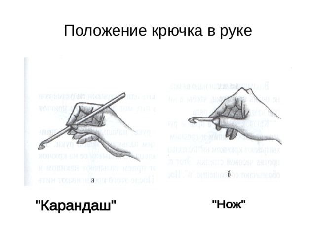 Положение крючка в руке 