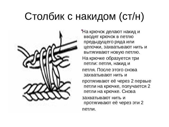 Столбик с накидом (ст/н) На крючок делают накид и вводят крючок в петлю предыдущего ряда или цепочки, захватывают нить и вытягивают новую петлю. На крючке образуется три петли: петля, накид и петля. После этого снова захватывают нить и протягивают её через 2 первые петли на крючке, получается 2 петли на крючке. Снова захватывают нить и протягивают её через эти 2 петли. 