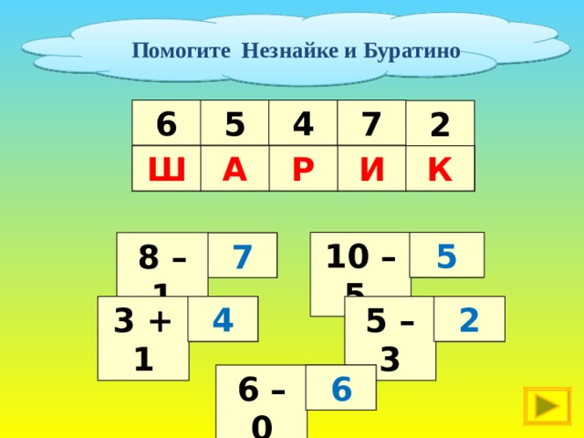  Помогите Незнайке и Буратино 5 4 7 6 2 А К И Ш Р      А 10 – 5 5 И 7 8 – 1 2 4 К 5 – 3 3 + 1 Р 6 – 0 Ш 6 27 