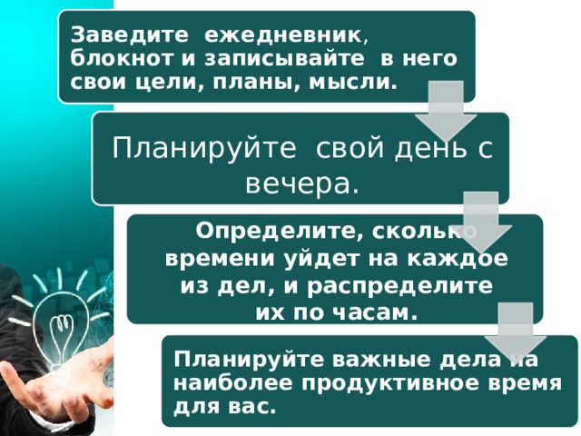 Заведите ежедневник , блокнот и записывайте в него свои цели, планы, мысли.  Планируйте свой день с вечера. Определите, сколько времени уйдет на каждое из дел, и распределите их по часам. Планируйте важные дела на наиболее продуктивное время для вас. 
