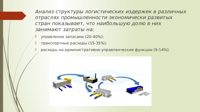 Анализ структуры логистических издержек в различных отраслях промышленности экономически развитых стран показывает, что наибольшую долю в них занимают затраты на: управление запасами (20-40%); транспортные расходы (15-35%); расходы на административно-управленческие функции (9-14%). 