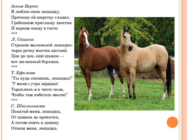Агния Барто Я люблю свою лошадку, Причешу ей шерстку гладко, Гребешком приглажу хвостик И верхом поеду в гости. *** Л. Сашина Страшно маленькой лошадке: через речку мостик шаткий. Цок да цок, ещё шажок — вот желанный бережок. *** Т. Ефимова 