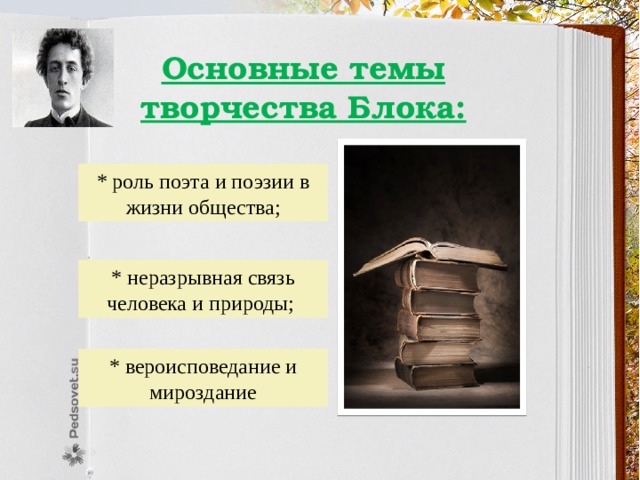 Основные темы творчества Блока: * роль поэта и поэзии в жизни общества; * неразрывная связь человека и природы; * вероисповедание и мироздание 