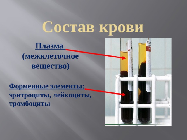 Состав крови Плазма (межклеточное вещество) Форменные элементы: эритроциты, лейкоциты, тромбоциты 