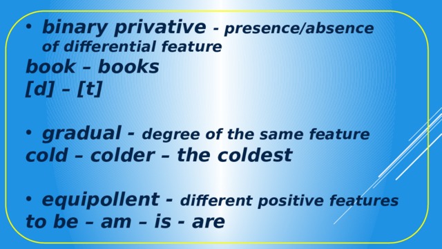 binary privative - presence/absence of differential feature book – books [d] – [t]  gradual - degree of the same feature cold – colder – the coldest  equipollent - different positive features to be – am – is - are 