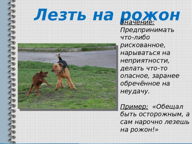 Лезть на рожон Значение: Предпринимать что-либо рискованное, нарываться на неприятности, делать что-то опасное, заранее обречённое на неудачу. Пример: «Обещал быть осторожным, а сам нарочно лезешь на рожон!» 