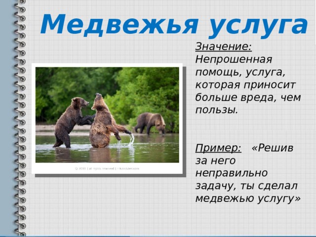 Медвежья услуга Значение: Непрошенная помощь, услуга, которая приносит больше вреда, чем пользы.  Пример: «Решив за него неправильно задачу, ты сделал медвежью услугу» 