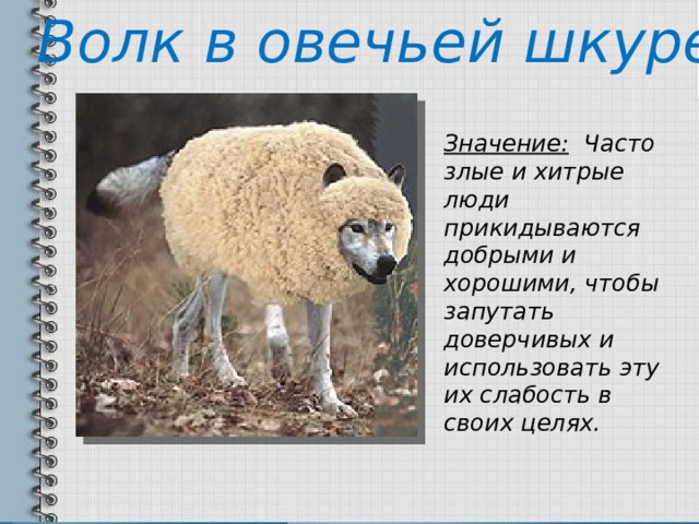 Волк в овечьей шкуре Значение: Часто злые и хитрые люди прикидываются добрыми и хорошими, чтобы запутать доверчивых и использовать эту их слабость в своих целях. 