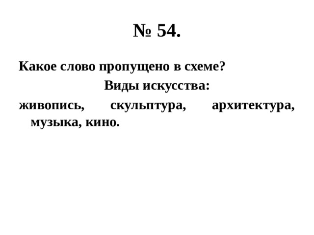 № 54. Какое слово пропущено в схеме? Виды искусства: живопись, скульптура, архитектура, музыка, кино. 