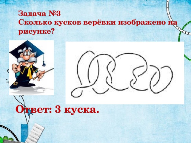 Задача №3 Сколько кусков верёвки изображено на рисунке?  Ответ: 3 куска. 