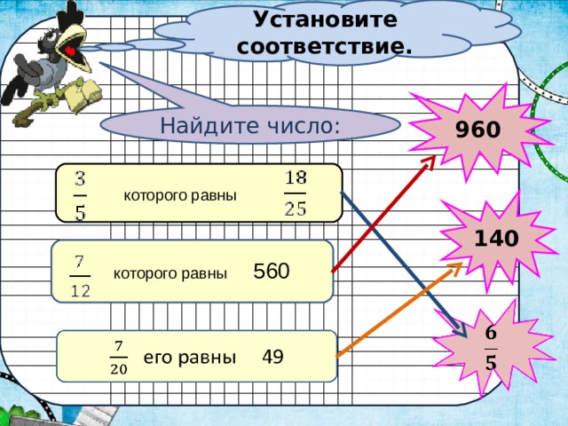 Установите соответствие. 960 Найдите число:  которого равны 140  которого равны 560  