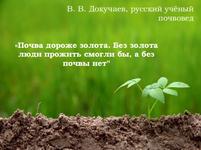 В. В. Докучаев, русский учёный почвовед «Почва дороже золота. Без золота люди прожить смогли бы, а без почвы нет