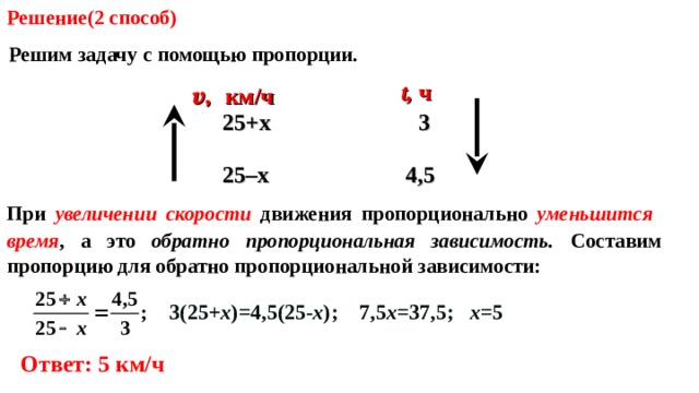 Решение( 2 способ) Решим задачу с помощью пропорции. v ,  км/ч  t, ч 3 25+ х  4,5 25–x При увеличении скорости движения  пропорционально уменьшится время , а это  обратно пропорциональная зависимость.  Составим пропорцию для обратно пропорциональной зависимости: 3(25+ х )=4,5(25- х ); 7,5 х =37,5; х= 5  Глава III , 9 класс. 9.2 Физика Задача 9. 2 . 1 Бродский И.Л., Видус А.М., Коротаев А.Б. Сборник текстовых задач по математике ля профильных классов. 7-11 классы/ Под ред. И.Л. Бродского. М.: АРКТИ, 2004. – 140с. Ответ: 5 км/ч   
