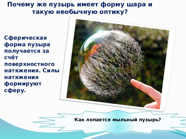 Почему же пузырь имеет форму шара и такую необычную оптику? Сферическая форма пузыря получается за счёт поверхностного натяжения. Силы натяжения формируют сферу. Как лопается мыльный пузырь?   