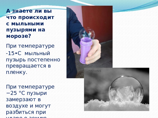 А знаете ли вы что происходит с мыльными пузырями на морозе? При температуре -15•С мыльный пузырь постепенно превращается в пленку. При температуре −25 °C пузыри замерзают в воздухе и могут разбиться при ударе о землю. 