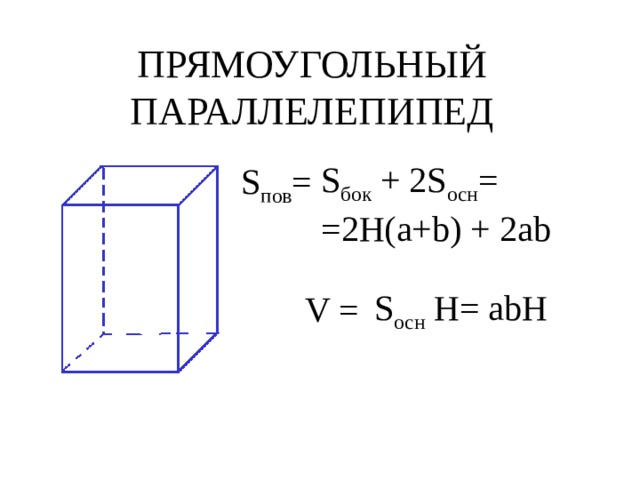 ПРЯМОУГОЛЬНЫЙ ПАРАЛЛЕЛЕПИПЕД S бок + 2S осн = =2H(a+b) + 2ab S пов = S осн H= abH V = 