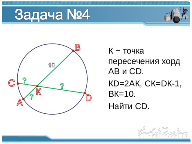  К − точка пересечения хорд AB и CD .  К D=2A К , C К =D К -1, B К =10.   Найти CD. 