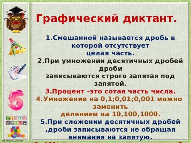  Графический диктант. 1.Смешанной называется дробь в которой отсутствует целая часть. 2.При умножении десятичных дробей дроби записываются строго запятая под запятой. 3.Процент –это сотая часть числа. 4.Умножение на 0,1;0,01;0,001 можно заменить делением на 10,100,1000. 5.При сложении десятичных дробей ,дроби записываются не обращая внимания на запятую. 6. 45% соответствует десятичная дробь 0,45.  