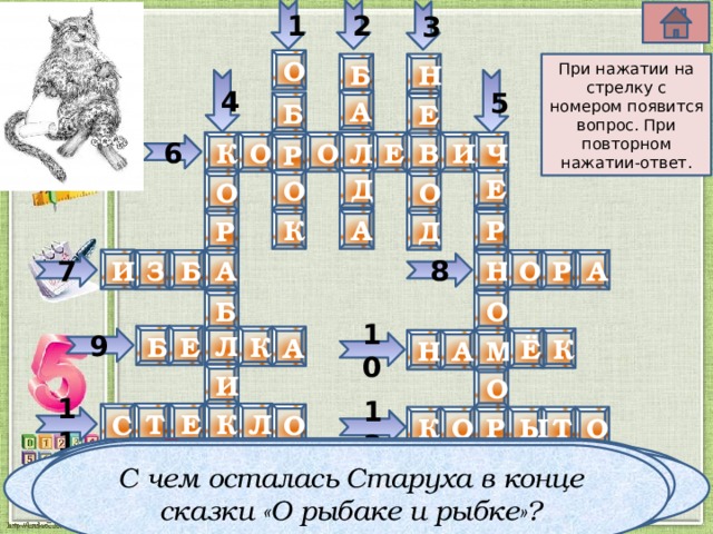 1 3 2 5 4 О Н Б При нажатии на стрелку с номером появится вопрос. При повторном нажатии-ответ. А Б Е О К Л И В Е Ч О Р 6 Д Е О О О К Р А Д Р И О А Н З А Р Б А 7 8 О Б Л Е Б К А К 9 Ё М А Н 10 И О Е Л К Т С О О К Ы Т О Р 11 12 Что трижды закидывал Старик в синее море? Вставь пропущенное слово. Все равны как на подбор, с ними дядька………….. Как в гневе называла Царица волшебное зеркальце? Вставь пропущенное слово. И жених сыскался ей ……….. Елисей . Вставь пропущенное слово.  Платить обязались черти мне……………..до самой смерти. Что потребовала от Золотой рыбки Старуха? С чем осталась Старуха в конце сказки «О рыбаке и рыбке»? Вставь пропущенное слово. Там за речкой тихоструйной есть высокая гора, в ней глубокая ………. Назовите героя сказки, который работал у Попа за три щелчка по лбу.  Кто «песенки поёт, да орешки всё грызёт»? Вставь пропущенное слово. Ветер по морю гуляет и ……..подгоняет . Вставь пропущенное слово. Сказка ложь, да в ней……, Добрым молодцам урок. 
