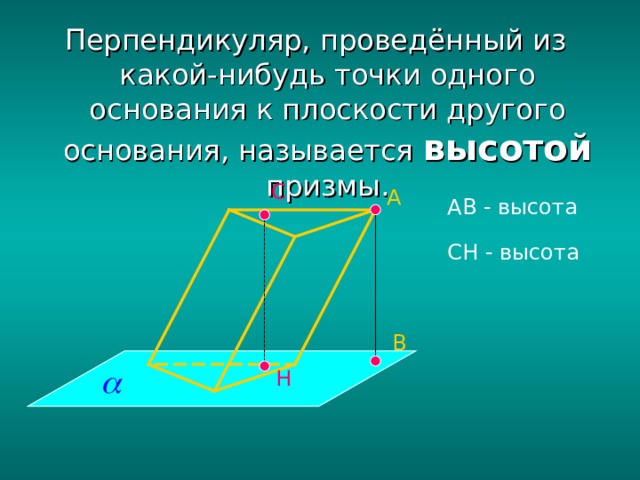 Перпендикуляр, проведённый из какой-нибудь точки одного основания к плоскости другого основания, называется высотой призмы. С А АВ - высота СН - высота В Н 