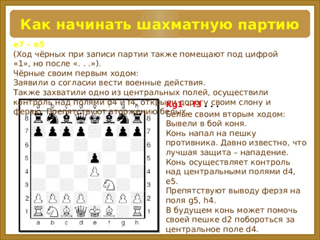 Как начинать шахматную партию e7 – e5  (Ход чёрных при записи партии также помещают под цифрой «1», но после «. . .»).  Чёрные своим первым ходом:  Заявили о согласии вести военные действия. Также захватили одно из центральных полей, осуществили контроль над полями d4 и f4, открыли дорогу своим слону и ферзю. Препятствуют вторжению белых. Kg1 – f3 . . .   Белые своим вторым ходом:  Вывели в бой коня. Конь напал на пешку противника. Давно известно, что лучшая защита – нападение. Конь осуществляет контроль над центральными полями d4, e5. Препятствуют выводу ферзя на поля g5, h4. В будущем конь может помочь своей пешке d2 побороться за центральное поле d4.