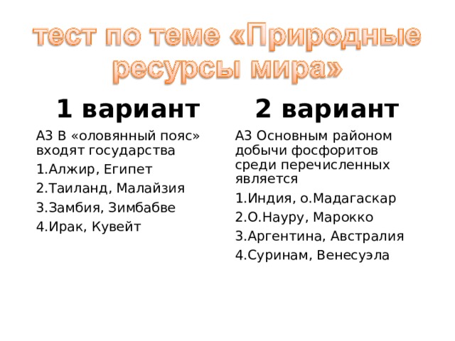 1 вариант 2 вариант А3 В «оловянный пояс» входят государства А3 Основным районом добычи фосфоритов среди перечисленных является Алжир, Египет Таиланд, Малайзия Замбия, Зимбабве Ирак, Кувейт Индия, о.Мадагаскар О.Науру, Марокко Аргентина, Австралия Суринам, Венесуэла 