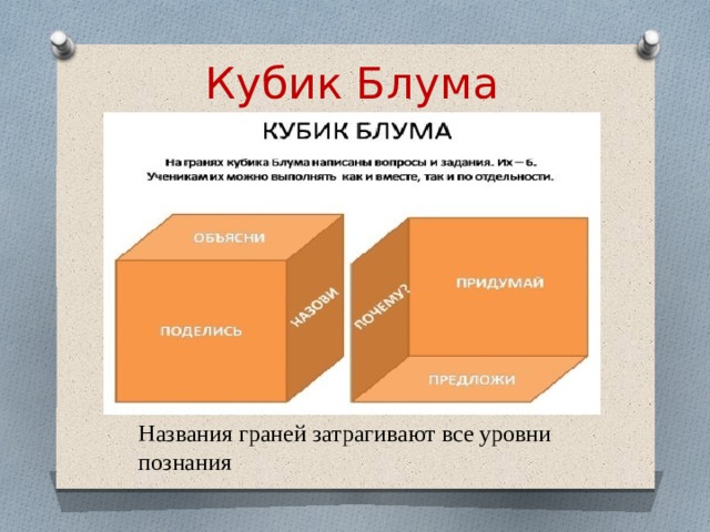 Кубик Блума Названия граней затрагивают все уровни познания 