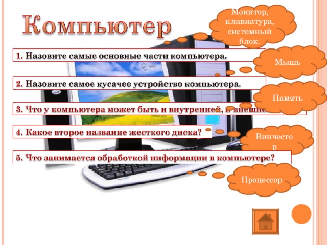 Монитор, клавиатура, системный блок. Мышь Память Винчестер Процессор 
