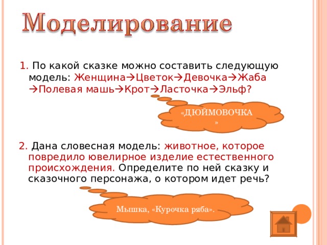 1. По какой сказке можно составить следующую модель: Женщина  Цветок  Девочка  Жаба  Полевая машь  Крот  Ласточка  Эльф?  «ДЮЙМОВОЧКА» 2. Дана словесная модель: животное, которое повредило ювелирное изделие естественного происхождения. Определите по ней сказку и сказочного персонажа, о котором идет речь?  Мышка, «Курочка ряба». 