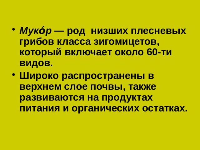  Муко́р — род низших плесневых грибов класса зигомицетов, который включает около 60-ти видов. Широко распространены в верхнем слое почвы, также развиваются на продуктах питания и органических остатках. 