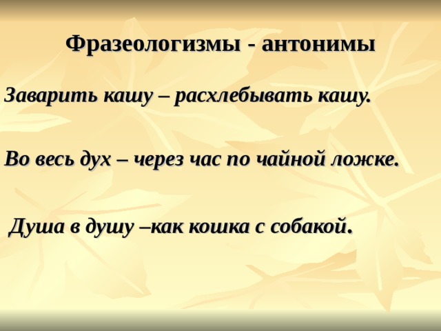 Фразеологизмы - антонимы Заварить кашу – расхлебывать кашу.  Во весь дух – через час по чайной ложке.   Душа в душу –как кошка с собакой . 