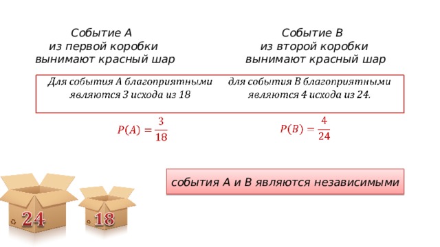 Событие А из первой коробки  вынимают красный шар Событие B  из второй коробки  вынимают красный шар события A и B являются независимыми 