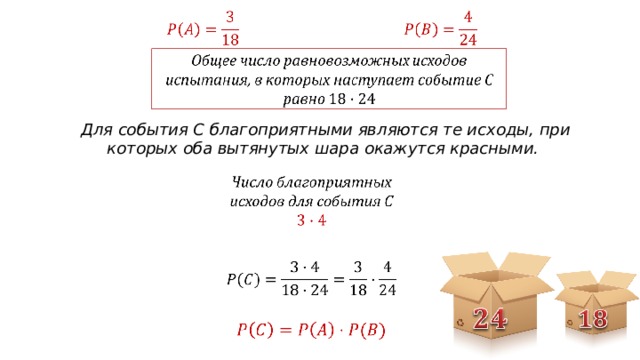 Для события С благоприятными являются те исходы, при которых оба вытянутых шара окажутся красными. 