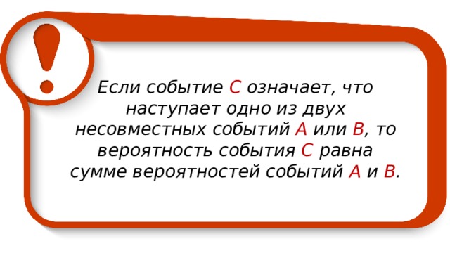 E сли событие C означает, что наступает одно из двух несовместных событий А или B , то вероятность события C равна сумме вероятностей событий А и B .  