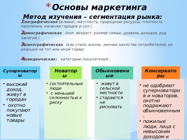 Основы маркетинга Метод изучения – сегментация рынка: Географическая ( климат, местность, природные ресурсы, плотность населения, наличия городов и сел ) Демографическая    (пол, возраст, размер семьи, уровень доходов, род занятий ) Психографическая   (как стиль жизни, личные качества потребителей, их реакция на тот или иной товар) Поведенческая:   категории покупателей :    Суперноваторы Новаторы   Обыкновенные   Консерваторы высокий доход, живут в городах  охотно покупают новые товары высокий доход, живут в городах  охотно покупают новые товары состоятельные люди  с меньшей склонностью к риску состоятельные люди  с меньшей склонностью к риску  живут в сельской местности стараются не рисковать  живут в сельской местности стараются не рисковать не одобряют суперноваторов и новаторов, охотно подражают обыкновенным. пожилые люди, лица с невысоким доходом и непрестижной работой не одобряют суперноваторов и новаторов, охотно подражают обыкновенным. пожилые люди, лица с невысоким доходом и непрестижной работой 