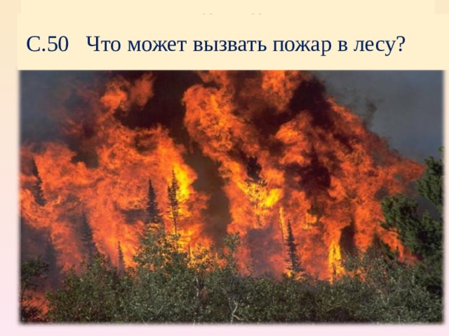 Пожар –злейший враг леса .   С.50 Что может вызвать пожар в лесу? пожар Непотушенные костры Баловство со спичками Поджог травы 