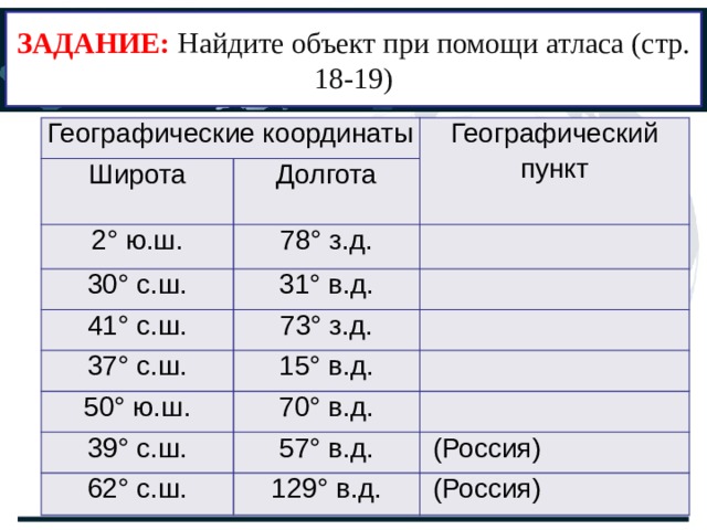 Задания на широту и долготу