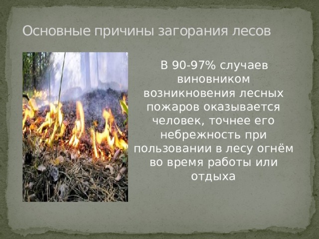 Основные причины загорания лесов  В 90-97% случаев виновником возникновения лесных пожаров оказывается человек, точнее его небрежность при пользовании в лесу огнём во время работы или отдыха 