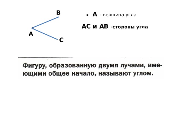 . В А - вершина угла АС и АВ -стороны угла А С 