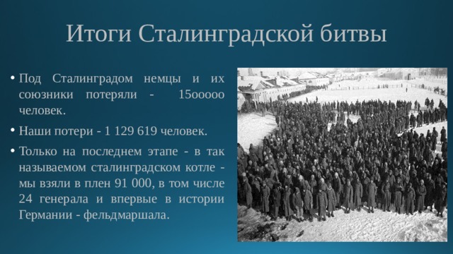 Итоги Сталинградской битвы Под Сталинградом немцы и их союзники потеряли - 15ооооо человек. Наши потери - 1 129 619 человек. Только на последнем этапе - в так называемом сталинградском котле - мы взяли в плен 91 000, в том числе 24 генерала и впервые в истории Германии - фельдмаршала. 