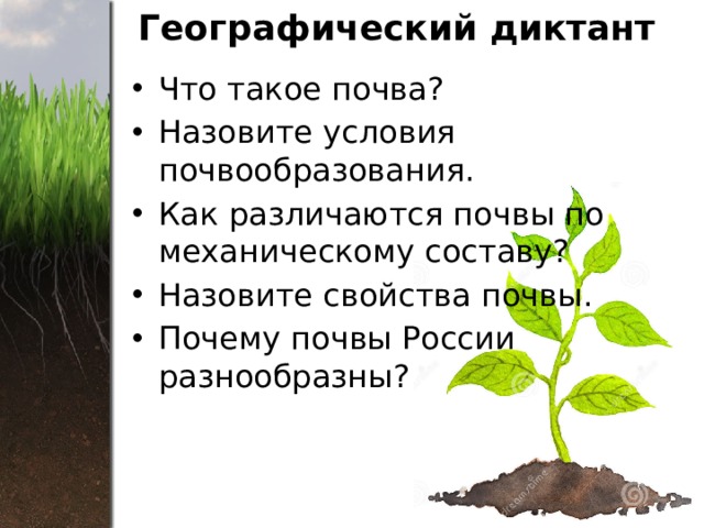 Географический диктант Что такое почва? Назовите условия почвообразования. Как различаются почвы по механическому составу? Назовите свойства почвы. Почему почвы России  разнообразны? 