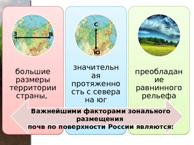 большие размеры территории страны, значительная протяженность с севера на юг преобладание равнинного рельефа С З В Ю Важнейшими факторами зонального размещения  почв по поверхности России являются: 