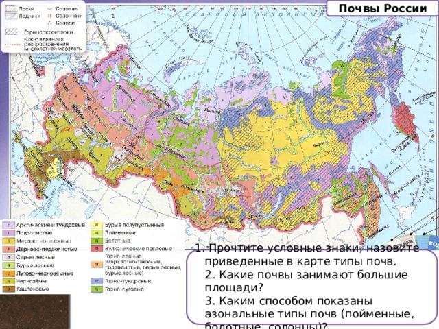 Почвы России  Прочтите условные знаки, назовите приведенные в карте типы почв.  2. Какие почвы занимают большие площади?  3. Каким способом показаны азональные типы почв (пойменные, болотные, солонцы)? 